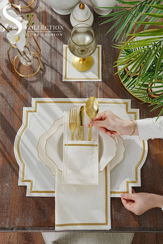 Graceful Gold Design Placemat Set - Waterproof Fabric - 6 Persons - 24 Pcs. Full Set