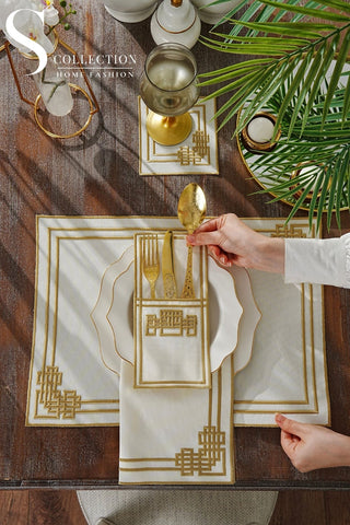 Pyramid Design Gold Placemat Set - Waterproof Fabric - 6 Persons - 24 Pcs. Full Set