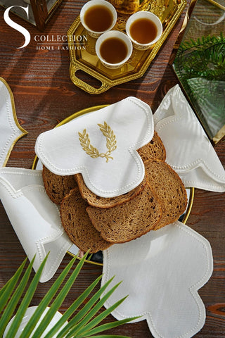 Laurel Wreath Design Bread Basket Napkin - Waterproof Fabric - Gold and Off White Embroidered
