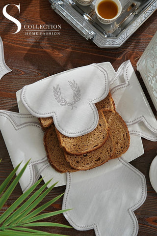 Laurel Wreath Design Bread Basket Napkin - Waterproof Fabric - Silver Embroidered
