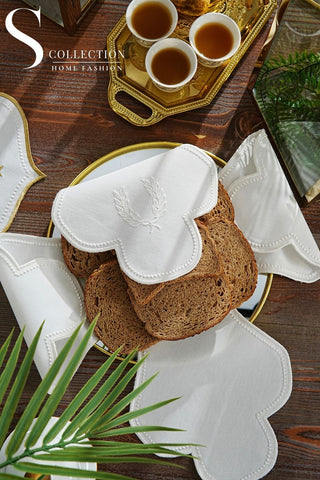 Laurel Wreath Design Bread Basket Napkin - Waterproof Fabric - Off White Embroidered