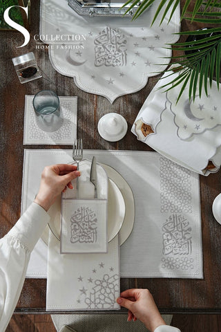 Ramadan Design Silver Chic Full Placemat Set - With Bread Basket Napkin and Runner - 6 Persons - 26 Pcs.