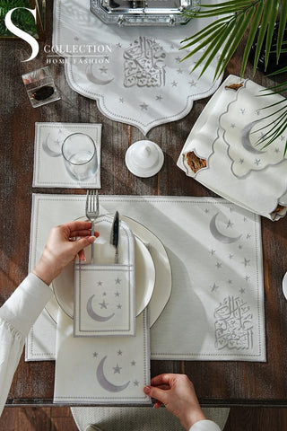 Ramadan Silver Glamorous Design Full Placemat Set - With Bread Basket Napkin and Runner - 6 Persons - 26 Pcs.