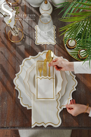Camila Gold and Off White Design Placemat Set - Waterproof Fabric - 6 Persons - 24 Pcs. Full Set