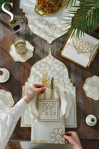 Ramadan Dome Design Gold and Off White Full Placemat Set - With Bread Basket Napkin and Runner - 6 Persons - 26 Pcs.