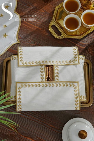 Leafy Allure Design Bread Basket Napkin - Waterproof Fabric - Gold Embroidered