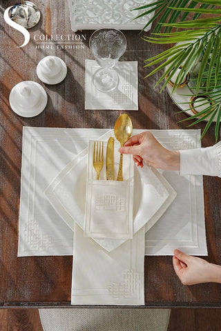 Pyramid Design Off White Placemat Set - Waterproof Fabric - 6 Persons - 24 Pcs. Full Set