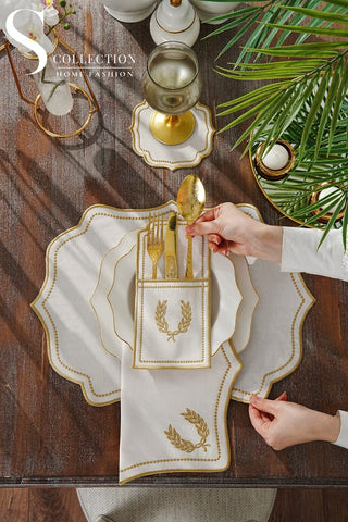 Laurel Wreath Gold Design Placemat Set - Waterproof Fabric - 6 Persons - 24 Pcs. Full Set