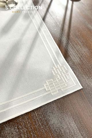 Pyramid Design Runner - Waterproof Fabric - Off White Embroidered