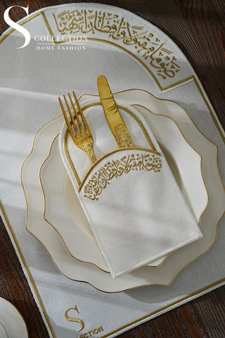 Ramadan Noor Design Placemat and Cutlery Pocket Set - Gold and Off White Embroidery - Waterproof Fabric - 12 pcs (6 Persons)