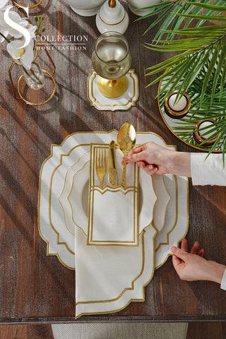 Amelia Gold Design Placemat Set - Waterproof Fabric - 6 Persons - 24 Pcs. Full Set