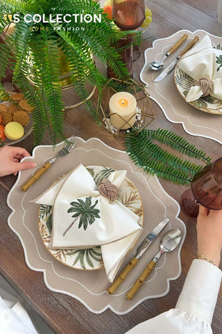 Desert Bloom Design Embroidered Placemat Set - Cappuccino Colour Waterproof Fabric - 6 Persons - 18 Pcs.