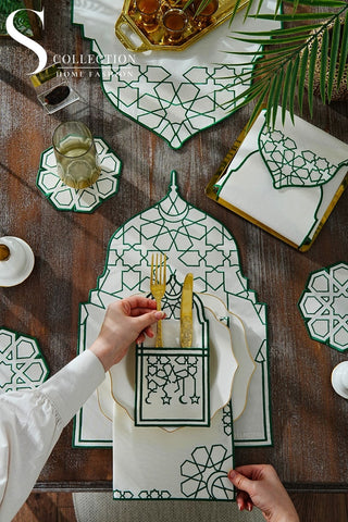 Ramadan Dome Design Green and Off White Full Placemat Set - With Bread Basket Napkin and Runner - 6 Persons - 26 Pcs.