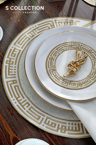 Layali Design Ramadan Collection Placemat Set - Gold Embroidered - Waterproof Fabric - 6 Persons - 18 Pcs. Full Set