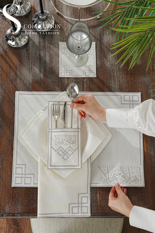 Welcome Elegance Design Silver Placemat Set - Waterproof Fabric - 6 Persons - 24 Pcs. Full Set