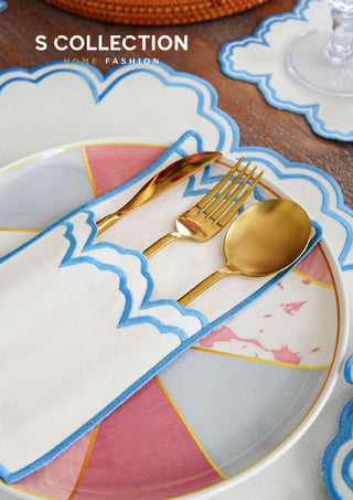 Cloud Design Light Blue Placemat Set - Waterproof Fabric - 6 Persons - 24 Pcs. Full Set
