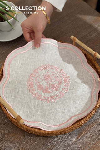 Bouquet Design Tray Cover - %100 Linen Fabric - Pink Embroidered