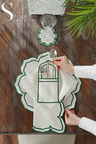 Valeria Green Design Placemat Set - Waterproof Fabric - 6 Persons - 24 Pcs. Full Set