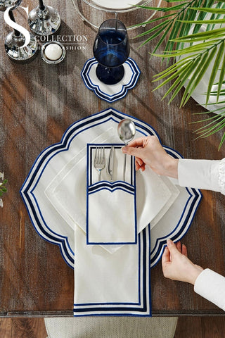 Moonrise Blue Design Placemat Set - Waterproof Fabric - 6 Persons - 24 Pcs. Full Set