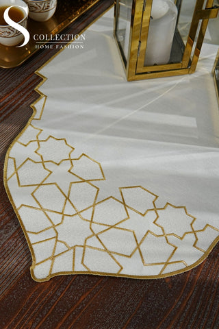 Dome Design Runner - Waterproof Fabric - Off White and Gold Embroidered