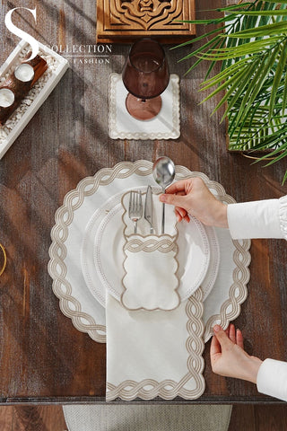 Ocean Braid Cappuccino Design Placemat Set - Waterproof Fabric - 6 Persons - 24 Pcs. Full Set