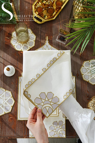 Ramadan Dome Design Silver and Gold Placemat Set - Waterproof Fabric - 6 Persons - 24 Pcs. Full Set