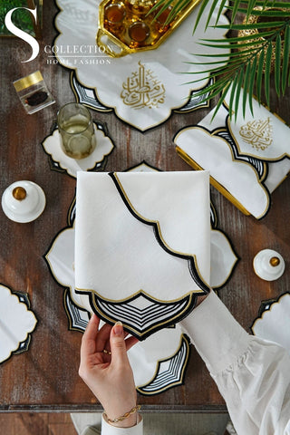 Ramadan Najma Design Black and Gold Full Placemat Set - With Bread Basket Napkin and Runner - 6 Persons - 26 Pcs.