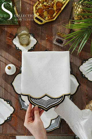 Ramadan Najma Design Black and Gold Placemat Set - Waterproof Fabric - 6 Persons - 24 Pcs. Full Set