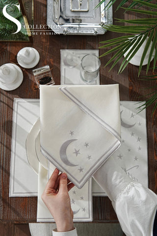 Ramadan Design Silver Stellar Serenity Placemat Set -Waterproof Fabric - 6 Persons - 24 Pcs. Full Set