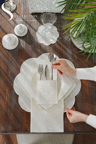 Chantal Off White Design Placemat Set - Waterproof Fabric - 6 Persons - 24 Pcs. Full Set