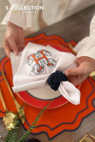 Alpabet H Design Embroidered Placemat Set - Orange Colour Waterproof Fabric - 6 Persons - 18 Pcs.