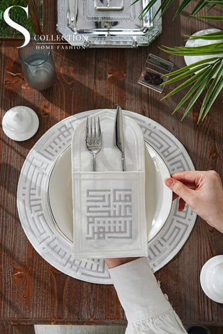 Ramadan Kareem Design Silver Placemat and Cultery Pocket Set -Waterproof Fabric - 6 Persons - 12 Pcs.