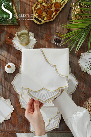 Ramadan Najma Design Gold and Silver Placemat Set - Waterproof Fabric - 6 Persons - 24 Pcs. Full Set