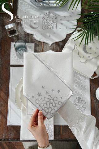 Ramadan Design Silver Chic Full Placemat Set - With Bread Basket Napkin and Runner - 6 Persons - 26 Pcs.