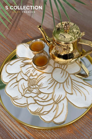 Charlotte Design Tray Cover - %100 Linen Fabric - Gold Embroidered