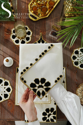 Ramadan Dome Design Black and Gold Placemat Set - Waterproof Fabric - 6 Persons - 24 Pcs. Full Set
