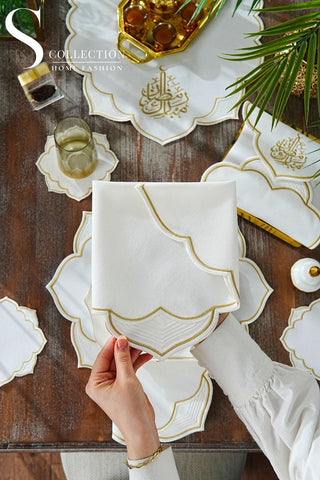 Ramadan Najma Design Gold Full Placemat Set - With Bread Basket Napkin and Runner - 6 Persons - 26 Pcs.