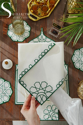 Ramadan Dome Design Green and Off White Placemat Set - Waterproof Fabric - 6 Persons - 24 Pcs. Full Set