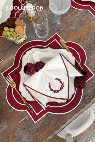 Milan Design Embroidered Placemat Set - Red Colour Waterproof Fabric - 6 Persons - 18 Pcs.