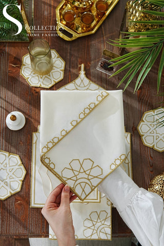 Ramadan Dome Design Gold and Off White Placemat Set - Waterproof Fabric - 6 Persons - 24 Pcs. Full Set