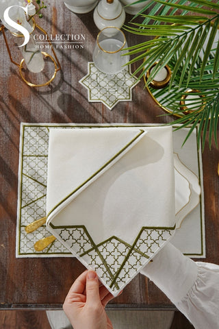 Rimal Olive Design Placemat Set - Waterproof Fabric - 6 Persons - 18 Pcs. Full Set