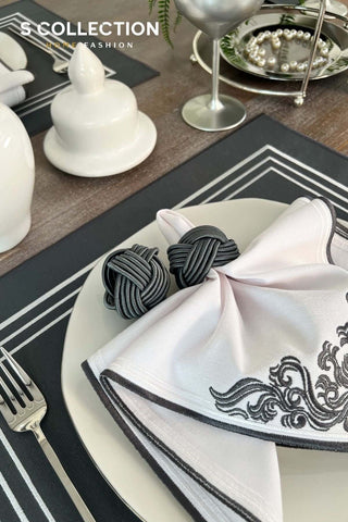 Silva Design Embroidered Placemat Set - Dark Grey Colour Waterproof Fabric - 6 Persons - 18 Pcs.