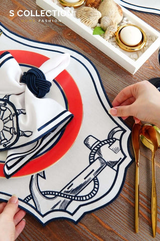 Mariner Design Embroidered Placemat Set - Navy Colour Waterproof Fabric - 6 Persons - 18 Pcs.