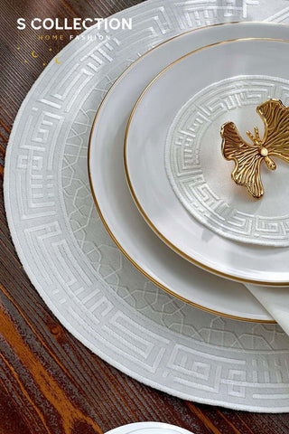 Layali Design Ramadan Collection Placemat Set - Off White Embroidered - Waterproof Fabric - 6 Persons - 18 Pcs. Full Set