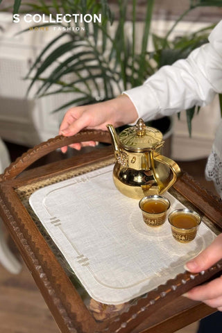 Arda Design Tray Cover - %100 Linen Fabric - Off White Embroidered