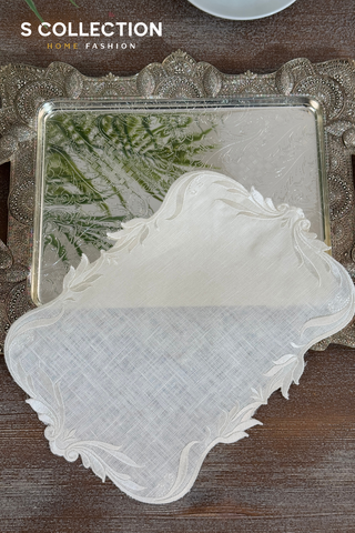 Tulip Design Tray Cover - %100 Linen Fabric - Off White Embroidered