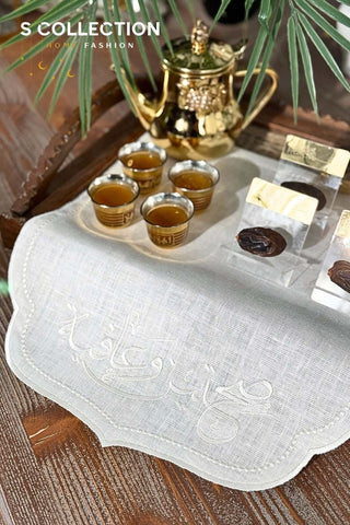 Sahtain wa Afia Design Tray Cover - %100 Linen Fabric - Off White Embroidered