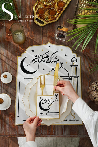 Ramadan Hilal Design Black and Gold Placemat Set - Waterproof Fabric - 6 Persons - 12 Pcs. Set