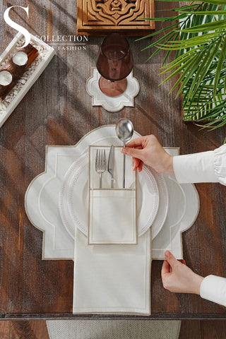 Milan Off White and Cappuccino Design Placemat Set - Waterproof Fabric - 6 Persons - 24 Pcs. Full Set