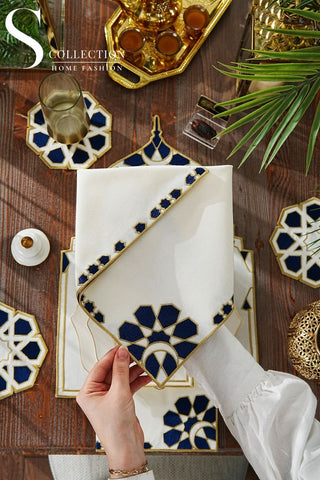Ramadan Dome Design Navy and Gold Placemat Set - Waterproof Fabric - 6 Persons - 24 Pcs. Full Set